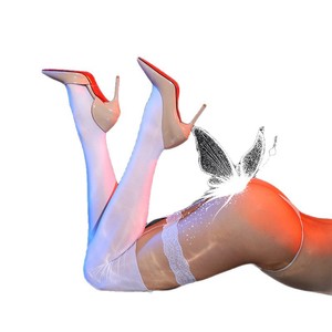Glossy Lace Thigh High Stockings 15D Transparent Women's Solid Color Polyester Fiber With Butterfly Design - Product Image 5
