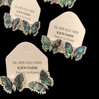 Boucles d'oreilles clous unisexes de luxe tendance style Hong Kong, plaqué platine, zircon, coquille d'ormeau des profondeurs, papillon, effet lueur aurore