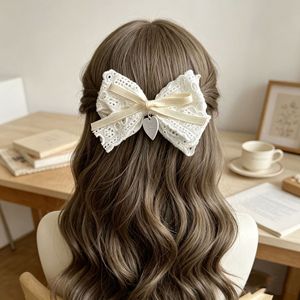 Large lace <b>bow</b> hair <b>clip</b> for women, elegant and natural style, perfect for bangs, white heart hair accessory. (Cross-border - Product Image 3