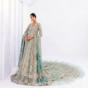 Elegant Beige Bridal Anarkali Lehenga Dupatta Dress Heavy Embroidery Floral Pattern <b>Chiffon</b> Traditional Wedding Engagement Wear - Product Image 1