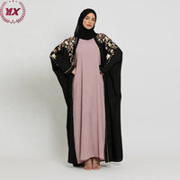 Nouvelle Robe Musulmane pour Femmes de Dubaï, Robe Turque Été 2023, Abaya Ouverte Brodée Florale Noire Modeste, Vêtement Islamique en Polyester