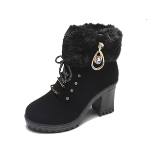 Women's Rhinestone-Embellished Furry Cuff Ankle <b>Boots</b> - Chunky High Heel Booties Winter Fashion Shoes for Women Glamorous Party - Product Image 6