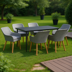 <b>Grey</b> Poly Rattan Garden Dining Set 7 Piece With Cushions Outdoor Furniture Contemporary Style Steel <b>Frame</b> Solid Wood Legs - Product Image 2