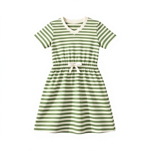 T-shirts unisexes en coton 100% pour filles, style décontracté, col en V, manches courtes, rayures vertes et blanches, tricoté, 160g, lavable, Bangladesh - Product Image 3