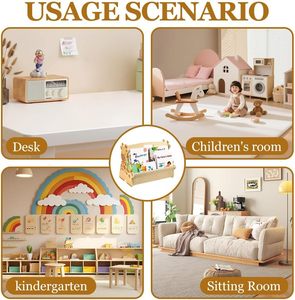 Étagère à livres pour enfants, double face, en bois, avec poches en toile robustes, bords arrondis, bibliothèque pour chambre d'enfant, rangement de jouets - Product Image 5