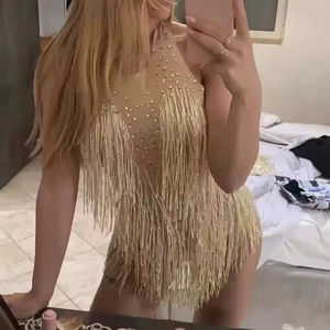 ゴールデンヘイターフリンジスパークリングラテンレオタードノースリーブパフォーマンスドレスポールジャズチャチャダンス服衣装 - Product Image 1