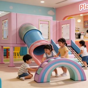 Equipo de juegos interior modular de colores pastel, todo en uno, con tobogán para niños, red de escalada, arco, casa de juegos y área de juegos suave para cafeterías, centros comerciales y guarderías. - Product Image 2