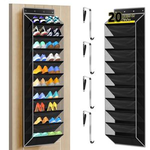Over Door <b>Shoe</b> Organizer 20 Pairs Black Fabric Storage Rack With <b>Hooks</b> For Behind Door Wall Mount Use - Product Image 1