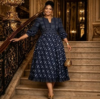 Robe Midi Empire Taille Plus pour Femme, Motif Géométrique Imprimé, Kaftan Abaya Africain en Polyester, Commande en Gros 2026