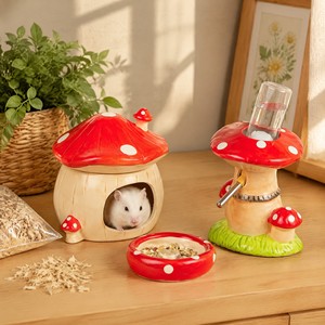 Casa de Cerámica para Hámster con Diseño de Champiñón, Roja con Puntos, Cueva para Mascotas Pequeñas con Tazón de Comida y Botella de Agua para Cobayas y Hámsteres Enanos - Product Image 3