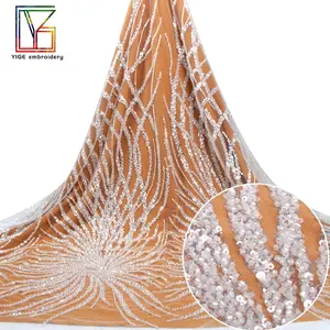 Weiße Braut Perlen Netz Französisch bestickte Stoffe mit Kristall Pailletten Tüll Hochwertige Brautkleid Schnürsenkel