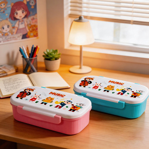 Cartoon <b>Plastic</b> Divided <b>Lunch</b> <b>Box</b> Microwaveable Bento <b>Box</b> For Students And Office Workers Pink And Blue Rectangle - Product Image 1