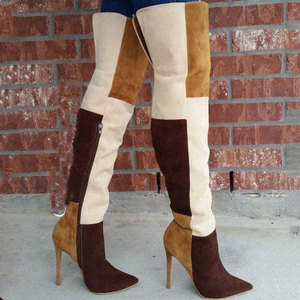 รองเท้าบูทผู้หญิงแบบสวมสูงเหนือเข่า ปลายแหลม ส้นเข็ม แต่งผ้าเดนิมแบบแพทช์เวิร์ค ครึ่งซิปด้านบน ไซส์ใหญ่พิเศษ 43 - Product Image 2