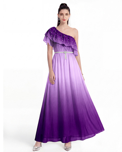 Robe longue élégante pour femme avec ceinture en perles, <span class=keywords><strong>deux</strong></span> modes de port, col à volants, strass et perles, imprimé dégradé de couleurs - Product Image 2