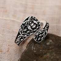 Bague ouverte réglable vintage en forme de hibou sur branche pour femme, 16 mm, laiton plaqué argent antique, style gothique, argent antique