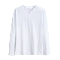 AMCLEVER 2026 T-shirt classique blanc à col en V et manches longues pour homme, couleur unie, respirant, 100 % coton, haut unisexe vierge, vente en gros