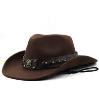 Chapeaux de Cowboy occidental en Faux feutre pour hommes, chapeau Fedora à large bord pour l'extérieur avec ceinture et sangle larges, casquette de Jazz de haute qualité, vente en gros