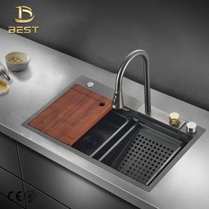 Grifo de fregadero de cocina de un solo cuenco moderno de 75x46, arena de semilla de mijo multifuncional, diseño de cascada negro PVD - Product Image 4