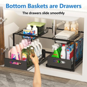 2 Tiers Width Adjustable Expandable Under Sink Pull Out Cabinet Organizer Sliding Drawer Storage Metal Rack For <strong>Bathroom</strong> <strong>Kitchen</strong> - Product Image 2