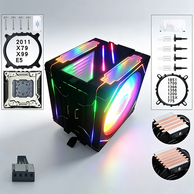 QiuzAim Universal RGB CPU Cooler 4/6 Heat-Pipe Tower with Dual 120mm Prism Fan for Intel LGA 1151/1700/2011 & AMD AM5 Platforms