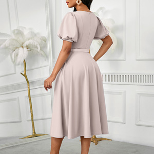 Nuevo Vestido <span class=keywords><strong>de</strong></span> Noche <span class=keywords><strong>para</strong></span> Mujer, Elegante, con Mangas Abullonadas, Cintura Alta, Color Sólido - Product Image 5
