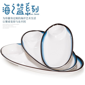 Plato ovalado de melamina de la serie Sea Blue con compartimento para salsa, ideal para dumplings y sushi, apto para lavavajillas. - Product Image 3