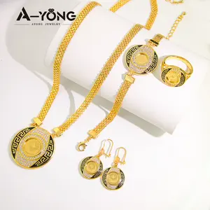 Set Perhiasan Arab Koin Emas Wanita, Anting-Anting Zirkon Set Perhiasan Dubai, Kalung Berlapis Emas