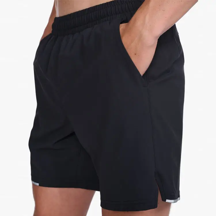New Arrived High Quality Recycled Polyester 4-Way Stretchy Classic Black Side Split Insert Workout Men Gym Shorts
