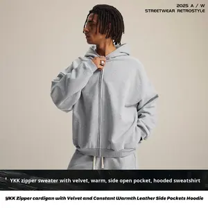 Sudadera Cárdigan de Otoño para Hombre, Diseño Personalizado, Ajuste Holgado, Cierre Doble, Estilo Cuadrado, con Capucha de Terciopelo, Versión Corta - Product Image 2