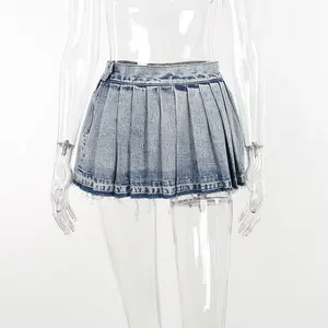 Falda de cintura alta de longitud corta caliente verano moda modelo estilo crudo borde Denim Jeans falda femenina