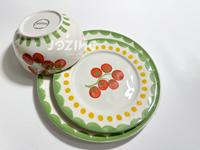 Vente en gros de vaisselle en céramique écologique réutilisable, motif de fruits, vaisselle mignonne, ensemble de vaisselle, assiette à fruits, tasse, soucoupe