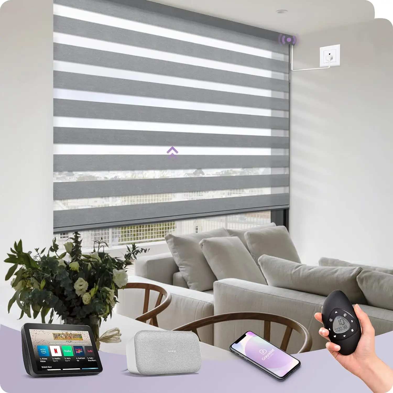 Motorized Zebra Blinds Compatible Hardwired Smart Horizontal Window Blind Remote Control Light Filtering Shades Customized