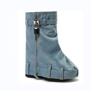 Brand New Thick Sole Women's Short Boots Denim Metal Lock Overlay Silver Ankle Booties <b>Round</b> <b>Toe</b> Flat Bottom Wedge <b>Heels</b> Shoes - Product Image 5