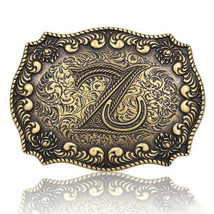 หัวเข็มขัดคาวบอยตะวันตกแบบปรับแต่งได้ ตัวอักษร A-Z ทองเหลืองโบราณ ลวดลายดอกไม้  ทำจากโลหะผสมสังกะสี สำหรับเข็มขัดหนัง - Product Image 6