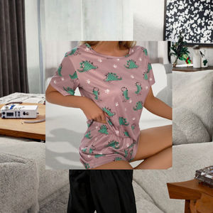 2 Pieces Ladies Dinosaur Print Summer Breathable Soft Knitted Lounge Wear T-shirt Top and Shorts Pajamas Set - Product Image 3