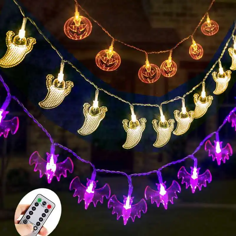 Conjunto de 3 luzes de halloween, decoração ao ar livre, laranja, bombas, roxo, batatas, fantasma branco, 8 funções, operação a bateria, 2020