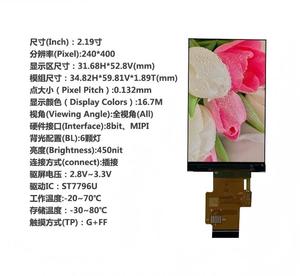 โมดูลจอแสดงผล IPS TFT LCD ขนาด 2.19 นิ้ว ความละเอียด 240x400, ชิป ST7796U, รองรับการแสดงผลแบบ ALL VIEW 8BIT, อินเทอร์เฟซ MIPI และหน้าจอความสว่าง 450nit พร้อมระบบความปลอดภัย - Product Image 1