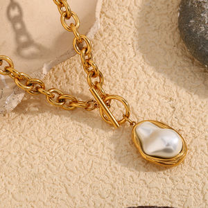 Dreamshow Baroque <strong>Pearl</strong> Jewelry OT Clasp Chain <strong>Necklace</strong> 18k Gold Plated Jewelry Fashion Stainless Steel <strong>Necklace</strong> - Product Image 3