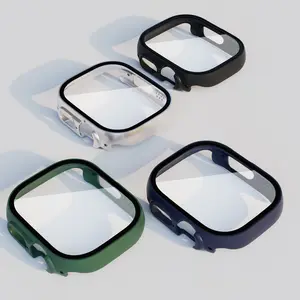 Protetor de tela de vidro temperado para iwatch, cobertura rígida embutida para iwatch series 8 7 41mm 45mm e capa para apple watch ultra 2022