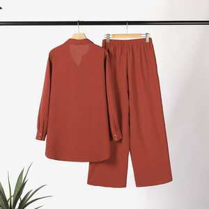Ensemble décontracté pour femmes musulmanes, chemise à col rabattu à manches longues avec poches + pantalon large, ensemble deux pièces pour femme printemps été - Product Image 6