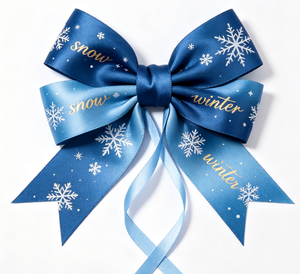 Ruban en satin bleu d'hiver avec imprimé flocon de neige doré, ruban cadeau en polyester pour emballage de cadeaux de Noël, OEKO‑TEX - Product Image 5