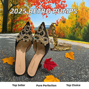 2025 New Women's Pointed Toe Pumps Retro Polka Dot Party Slip-On Mules Retro Appliques Thin <b>Heels</b> Black Spring/Autumn Fashion - Product Image 5