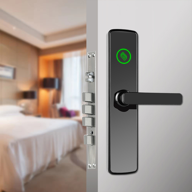 RFID Handle Lock for Keyless Entry Stainless Steel Smart Lock Cloud Data Wooden Access Control System for Hotel Motel