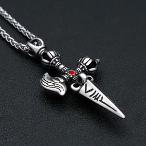yunnique Men's Stainless Steel <b>Cross</b> Pendant Necklace With Red Stone And Sword Design For Punk Fashion - Product Image 4