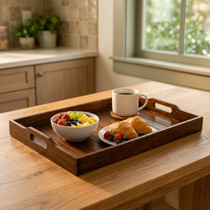 Plateau de service en bois artisanal avec bords surélevés et poignées découpées, plateau rectangulaire rustique pour le petit-déjeuner, pour lit, canapé et décoration intérieure - Product Image 6