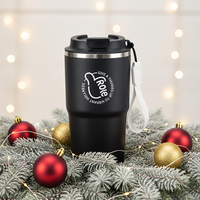 Taza de Café de Acero Inoxidable 316 con Aislamiento al Vacío, 360 ml, Negra Mate, con Correa de Transporte y Logotipo Personalizado