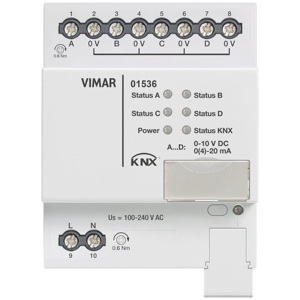 วิมาร์ 01536 KNX ตัวกระตุ้นแบบอะนาล็อก 4 ช่องสัญญาณ 0-10 โวลต์ ดีซี 0(4)-20 มิลลิแอมป์ ระบบ HVAC - Product Image 1