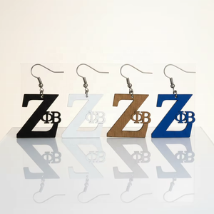 Pendientes de Madera con Diseño de Zeta Phi <span class=keywords><strong>Beta</strong></span>, Hechos a Mano, Sin Acabado, Cortados con Láser, en Azul, Negro y Blanco, Joyería Vintage Personalizada al por Mayor - Product Image 2