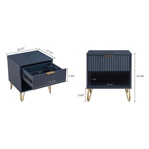Nightstand In Midnight Blue With Ribbed <b>Drawer</b> And Gold Legs Modern Storage <b>Unit</b> For Bedroom Or Living Room - Product Image 3