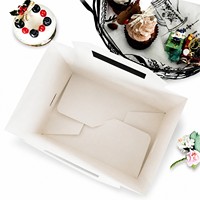 Boîte alimentaire pliable en papier blanc pour emporter, emballage pour gâteaux avec étiquette imprimée et poignée